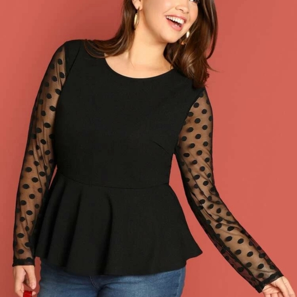 SHEIN Tops - Plus Dot Mesh Sleeve Peplum Top